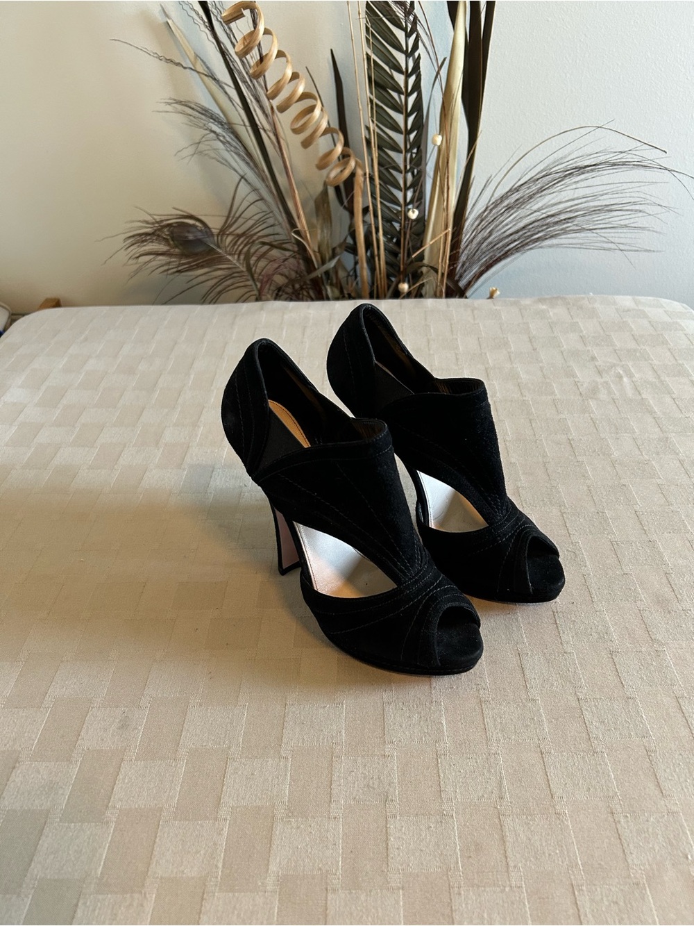 Prada Suede Cut Out Peep Toe Heeled Booties - Picture 4 of 15